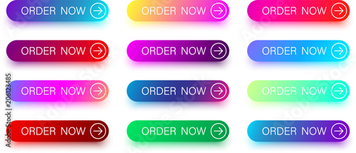 Colorful order now icons with arrow isolated on white.