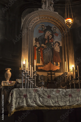 Geghard, Armenia - September 16, 2017:  Inside a Geghard medieval monastery of Kotayk province. photo