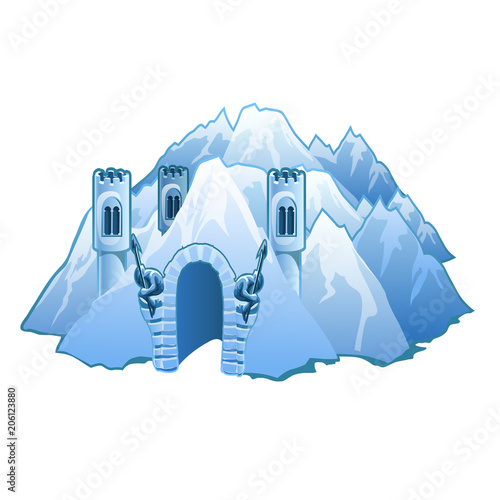 Ice castle in the mountains. Vector illustration.