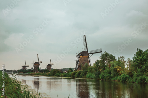 Straight canal with tall bushes and windmills on the bank in a cloudy day at Kinderdijk. Situated in a polder, has the largest concentration of old windmills in the country. Southern Netherlands.