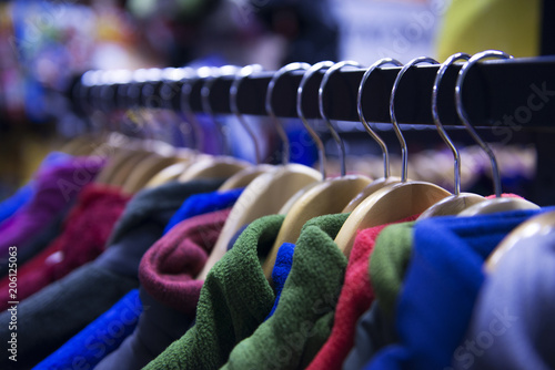 Multi-colored fleece jackets in the outdoor store