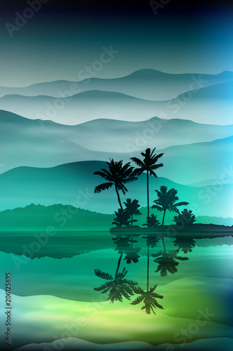 Background with sea and palm trees at night. EPS10 vector.