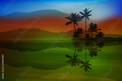 Colorful background with sea and palm trees at night. EPS10 vector.