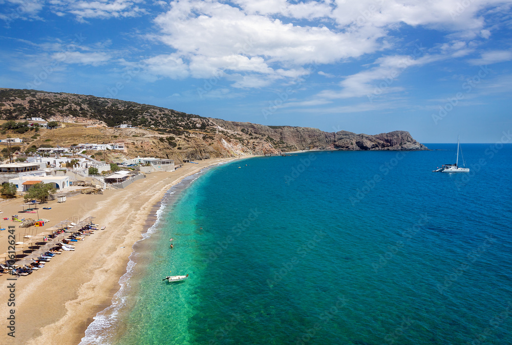 Firiplaka beach, Milos Island, Cyclades, Greece. Aerial view