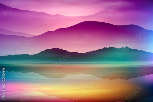 Colorful background with sea and mountain. Sunset time. EPS10 vector.