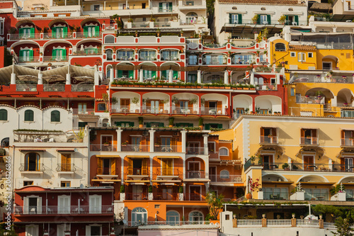 Stacked Houses with Balconies in Positano at the Italian Amalfi Coast in the Evening Sun