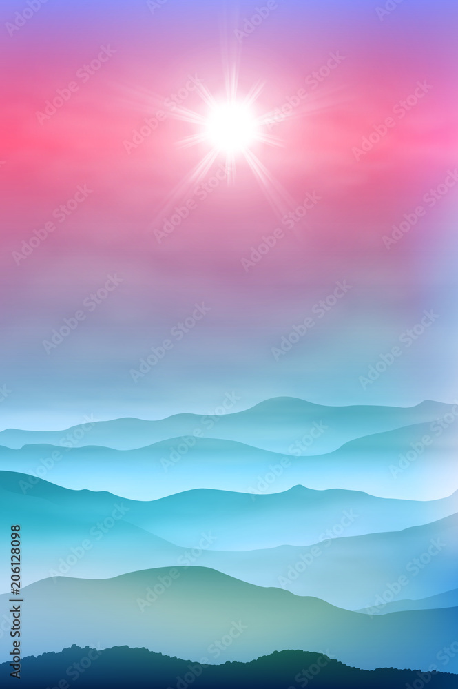 Background with sun and mountains in the fog. EPS10 vector.