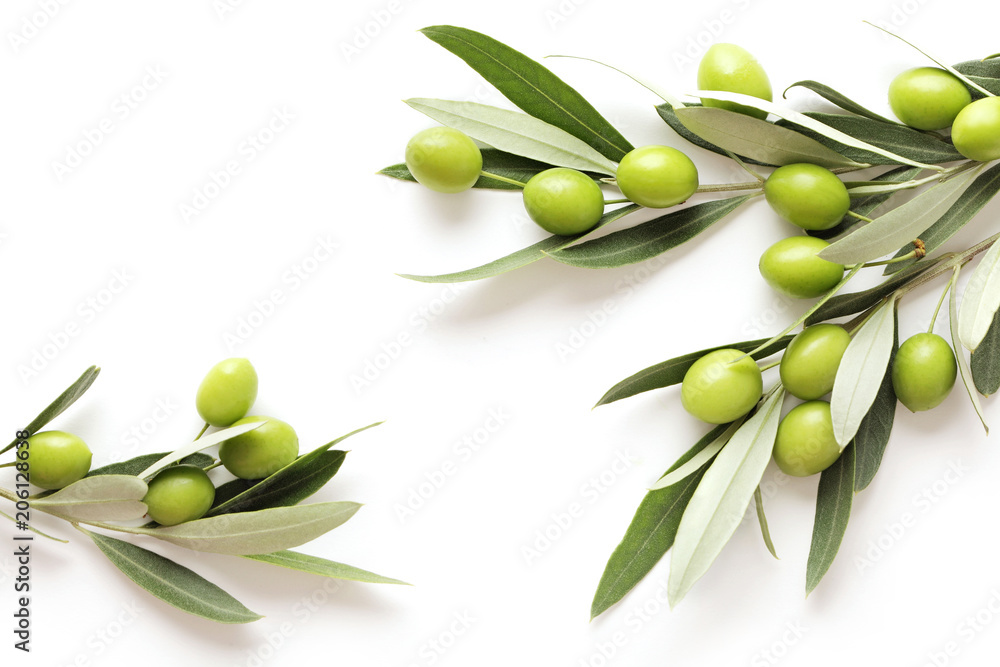 green olives on white background. frame background with copy space - obrazy, fototapety, plakaty 