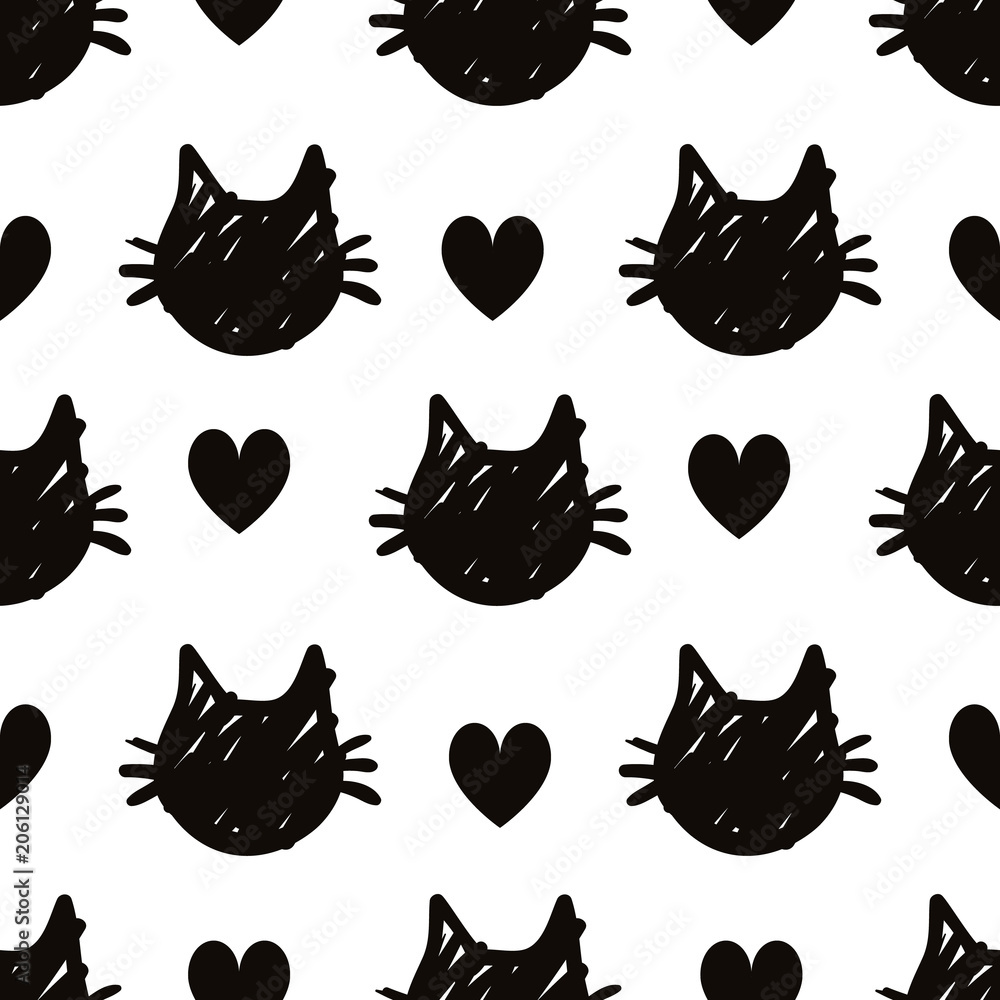 black heads of cats pattern on white background black heads of cats pattern on white background