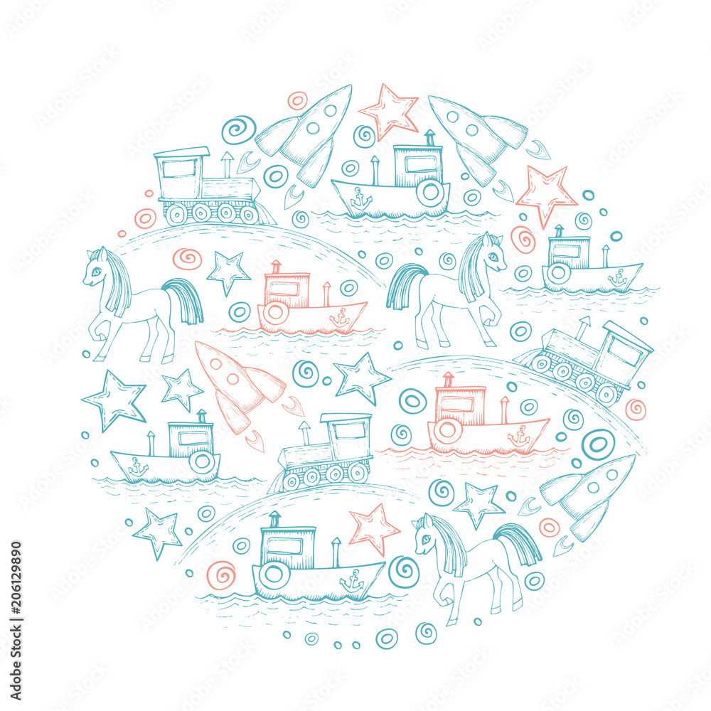 Black and white line art vector hand drawn set of cartoon doodle vehicle. Round composition
