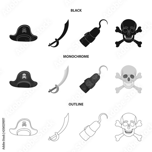 Pirate, bandit, cap, hook .Pirates set collection icons in black,monochrome,outline style vector symbol stock illustration web.