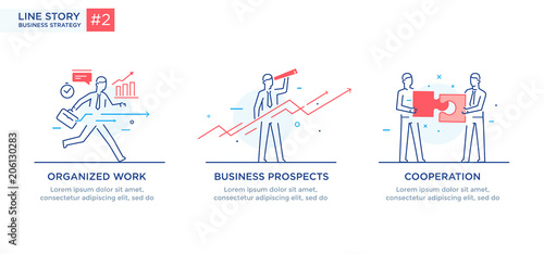 Set of illustrations concept with businessmen. Workflow, growth, graphics. Business development, milestones. linear illustration Icons infographics. Landing page site print poster