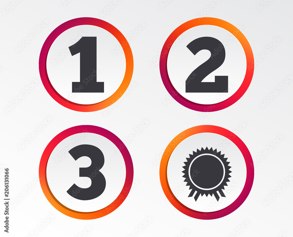 First, second and third place icons. Award medal sign symbol. Infographic design buttons. Circle templates. Vector First, second and third place icons. Award medal sign symbol. Infographic design buttons. Circle templates. Vector