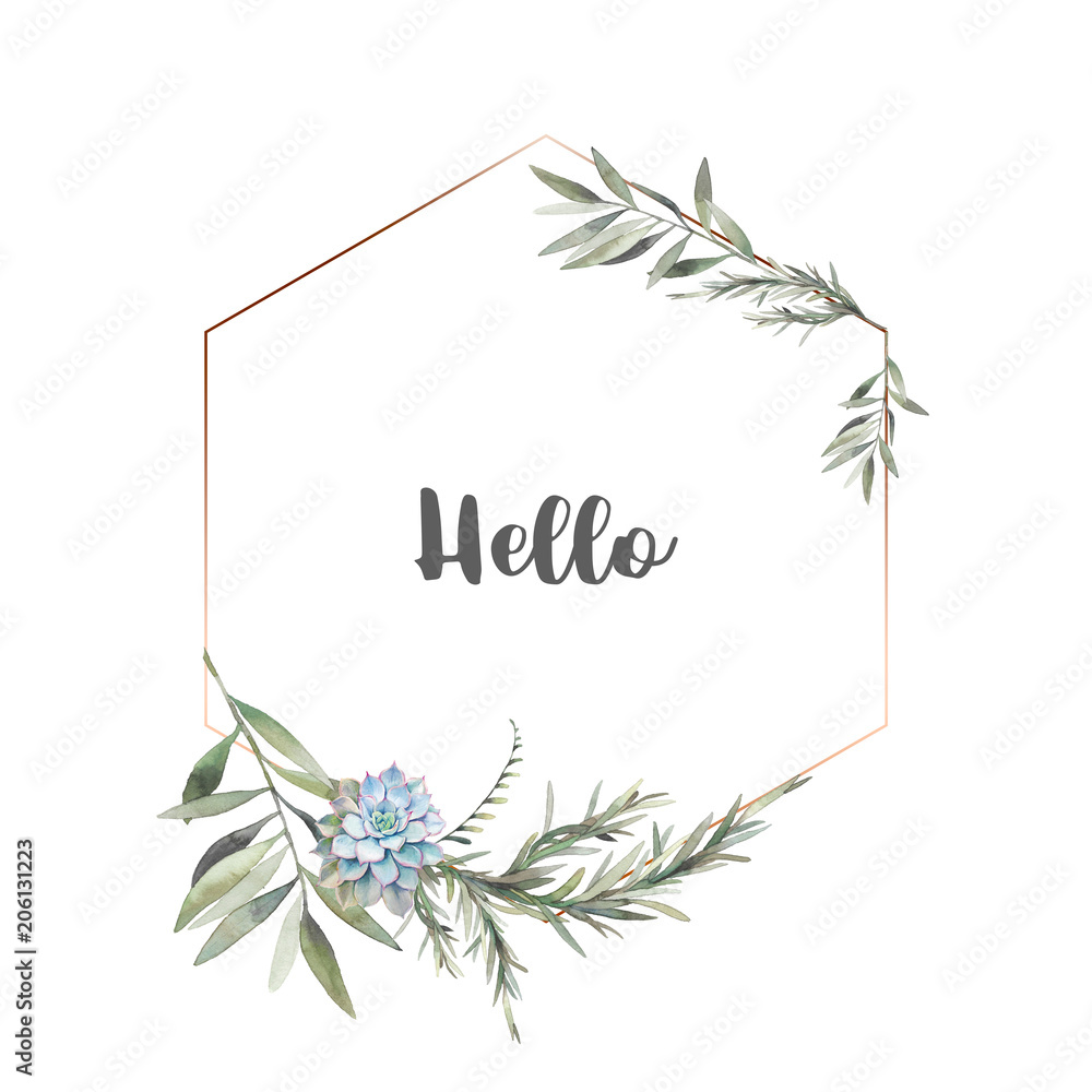 Watercolor modern greenery frame. Hand drawn floral label design with succulent, green leaves, eucalyptus, rosemary. Greeting or wedding template isolated on white background. - obrazy, fototapety, plakaty 