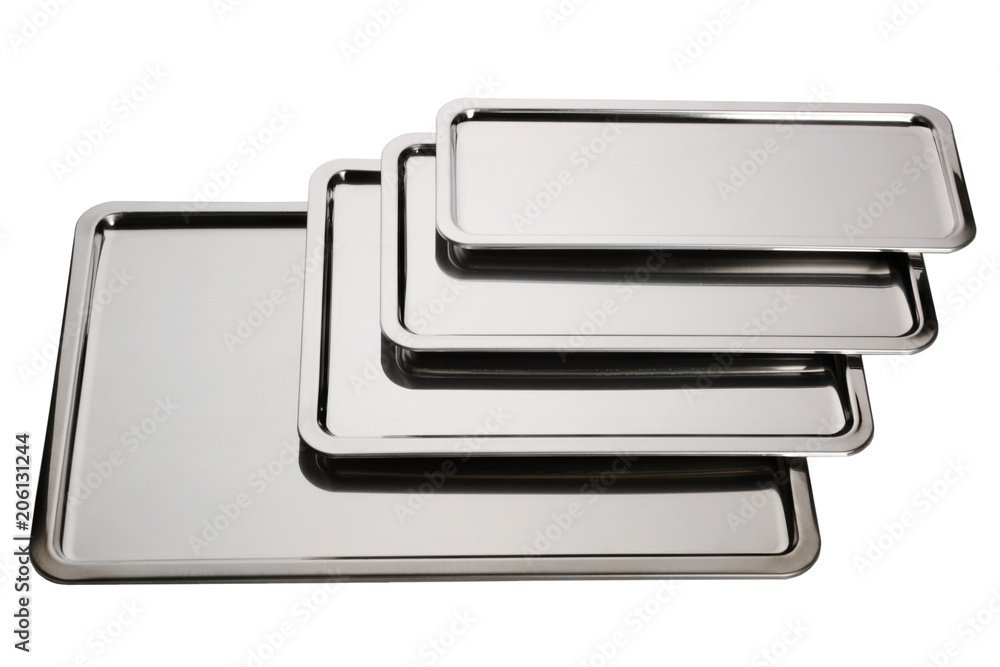 Set of stainless square trays. Empty silver serving trays Set of stainless square trays. Empty silver serving trays