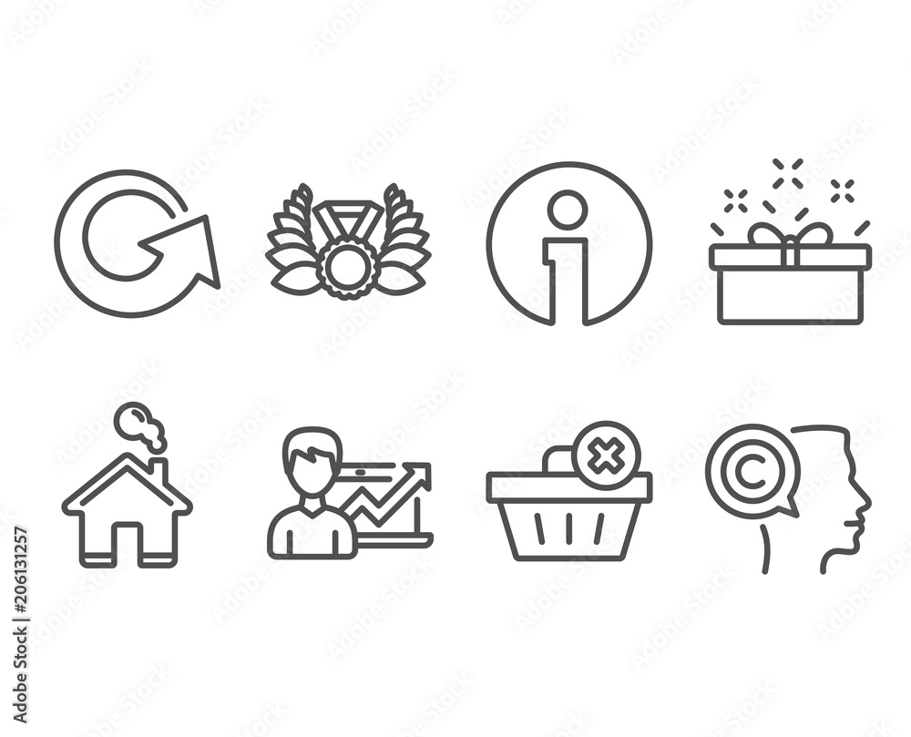 Set of Delete order, Laureate medal and Success business icons. Reload, Present box and Writer signs. Clean basket, Laurel wreath, Growth chart. Update, Sale offer, Copyrighter. Vector Set of Delete order, Laureate medal and Success business icons. Reload, Present box and Writer signs. Clean basket, Laurel wreath, Growth chart. Update, Sale offer, Copyrighter. Vector