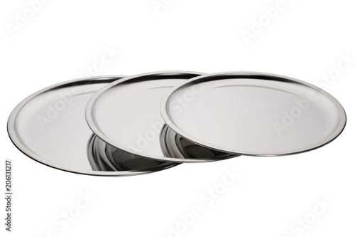 Set of stainless round trays. Empty silver serving trays