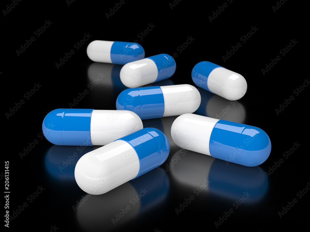 Spilled pills on a black glossy surface. 3D illustration Spilled pills on a black glossy surface. 3D illustration