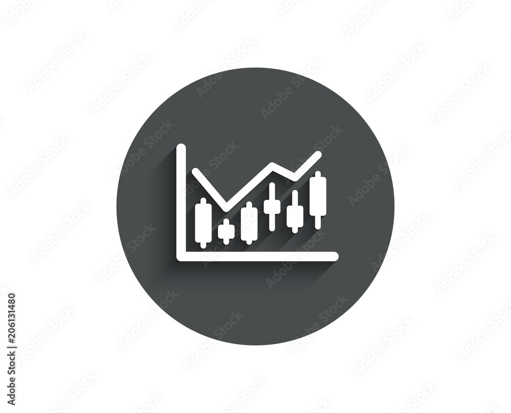 Candlestick chart simple icon. Financial graph sign. Stock exchange symbol. Business investment. Circle flat button with shadow. Vector Candlestick chart simple icon. Financial graph sign. Stock exchange symbol. Business investment. Circle flat button with shadow. Vector