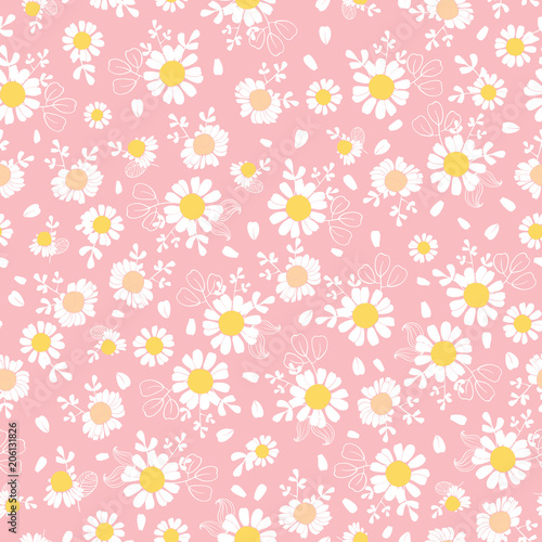 Vintage pink daisies ditsy seamless pattern. Great for summer vintage fabric, scrapbooking, wallpaper, giftwrap. Suraface pattern design.