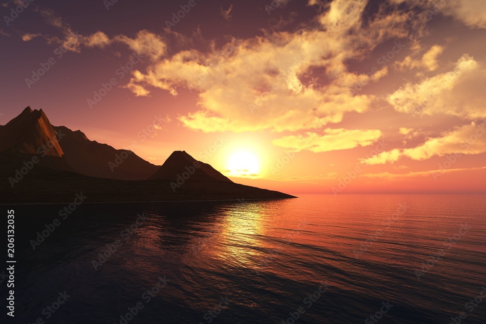 the ocean sunset over the rock, the rocky island at sunrise,
3D rendering