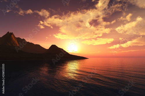 the ocean sunset over the rock, the rocky island at sunrise, 3D rendering
