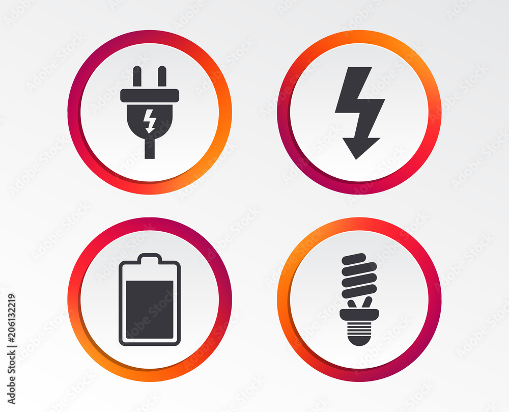 Electric plug icon. Fluorescent lamp and battery symbols. Low