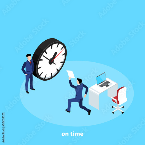 a man in a business suit runs to his boss in time to send him a document, an isometric image