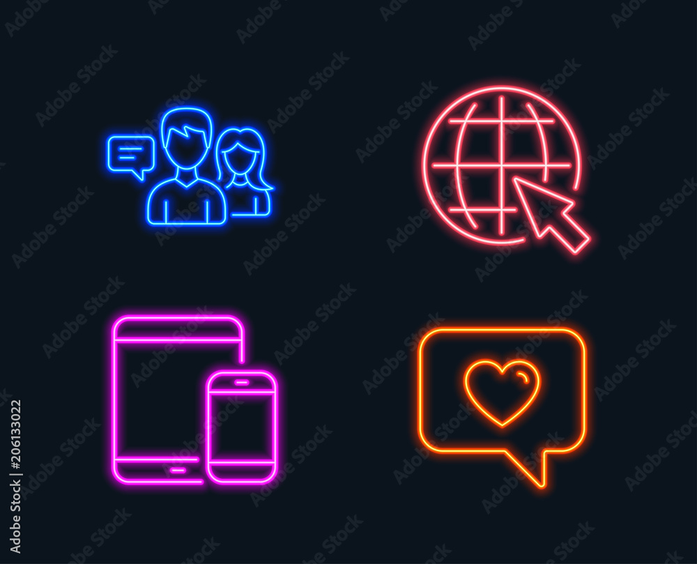Neon lights. Set of People talking, Internet and Mobile devices icons. Love message sign. Contact service, World web, Smartphone with tablet. Dating service. Glowing graphic designs. Vector Neon lights. Set of People talking, Internet and Mobile devices icons. Love message sign. Contact service, World web, Smartphone with tablet. Dating service. Glowing graphic designs. Vector