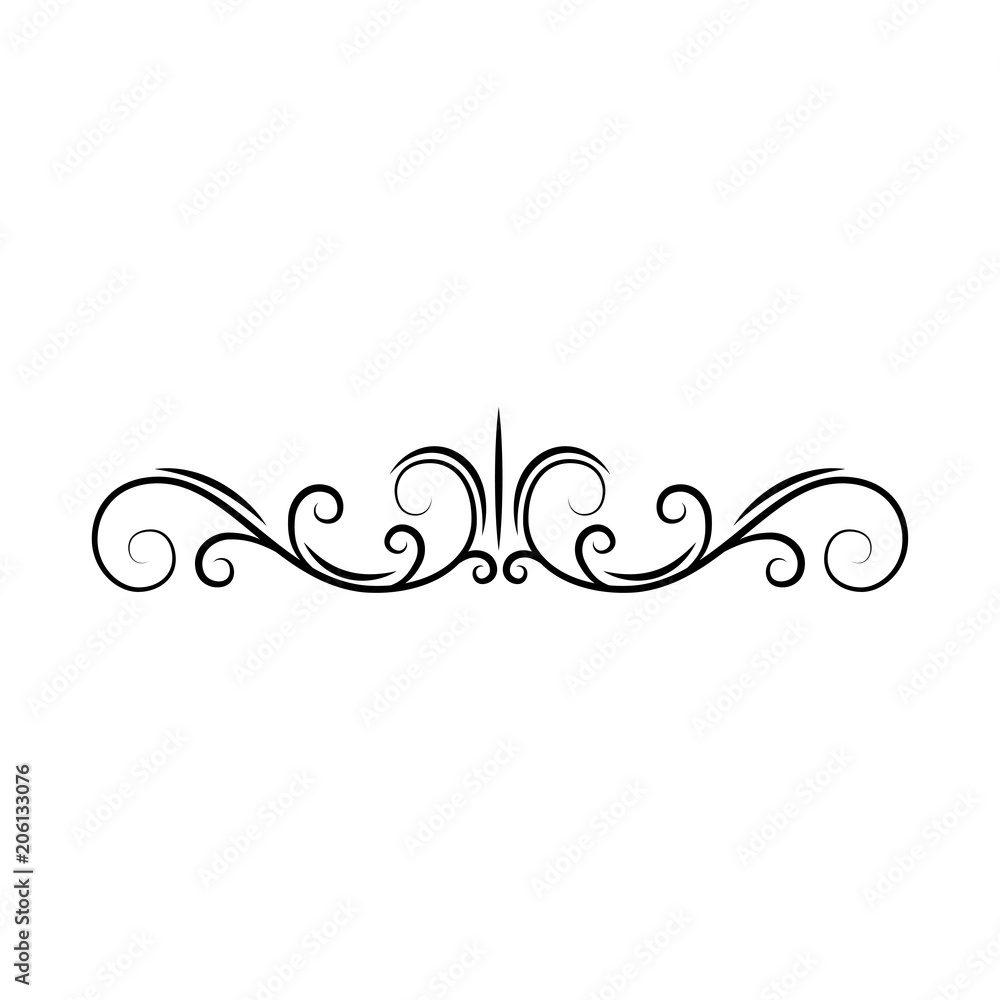 Flourish page divider. Decorative scroll page border. Swirls, curls. Book decor. Filigree ornamental frame. Vector.