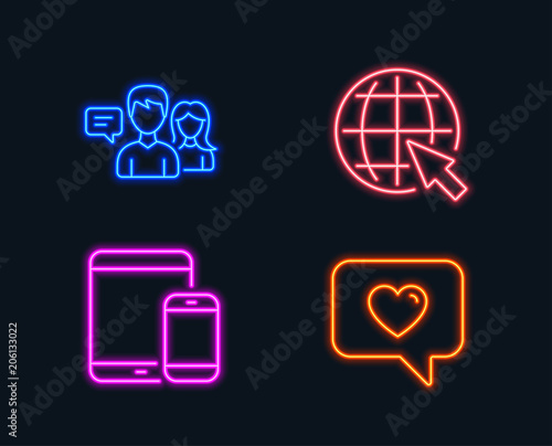 Neon lights. Set of People talking, Internet and Mobile devices icons. Love message sign. Contact service, World web, Smartphone with tablet. Dating service. Glowing graphic designs. Vector