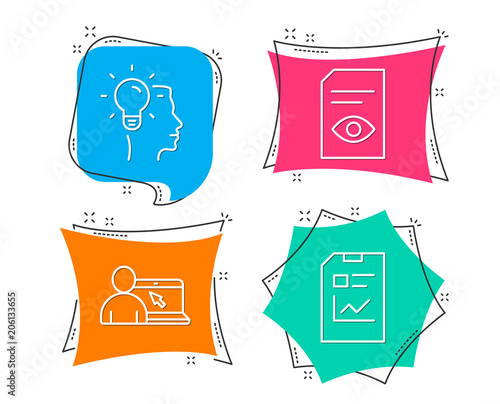 Set of Idea, View document and Online education icons. Report document sign. Professional job, Open file, Internet lectures. Statistics file.  Flat geometric colored tags. Vivid banners. Vector