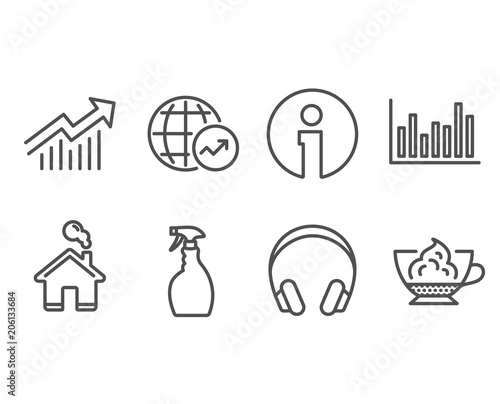Set of Bar diagram  Headphones and Spray icons. World statistics  Demand curve and Espresso cream signs. Statistics infochart  Music listening device  Washing cleanser. Vector
