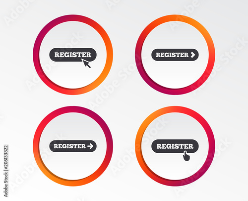 Register with hand pointer icon. Mouse cursor symbol. Membership sign. Infographic design buttons. Circle templates. Vector