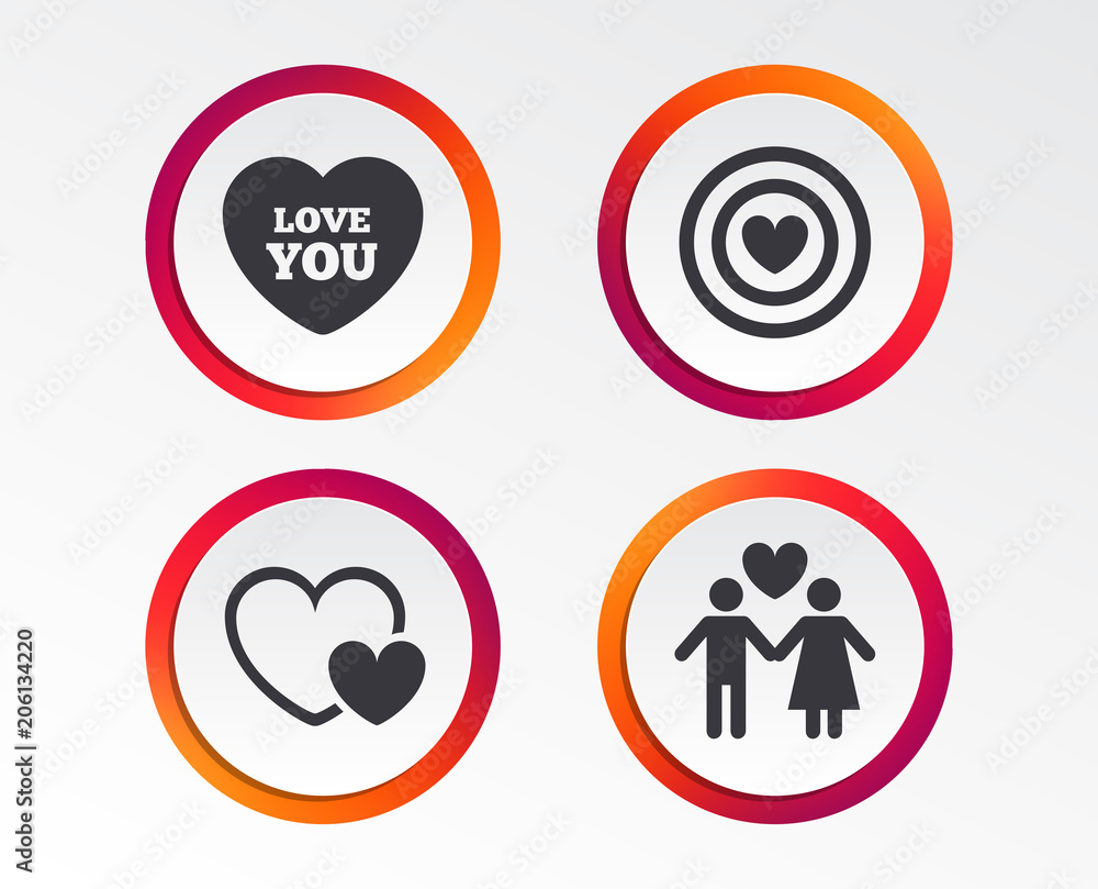 Valentine day love icons. Target aim with heart symbol. Couple lovers sign. Infographic design buttons. Circle templates. Vector