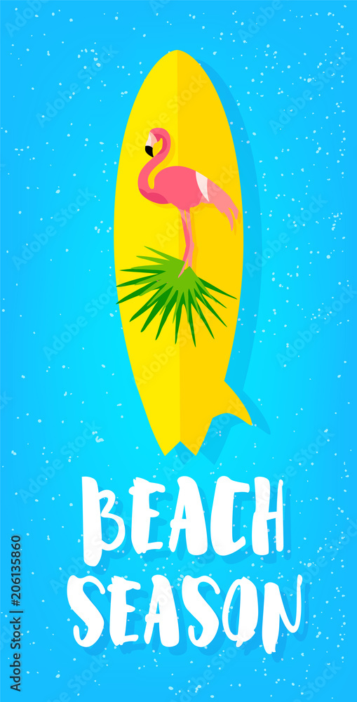 Summer beach poster with flamingo, surfboard, palm leaves and text on blue background. Flat design. Vector card.