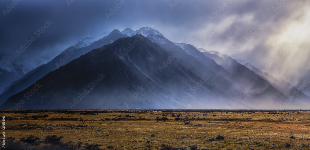 Misty rain storm over the Alps in New Zealand