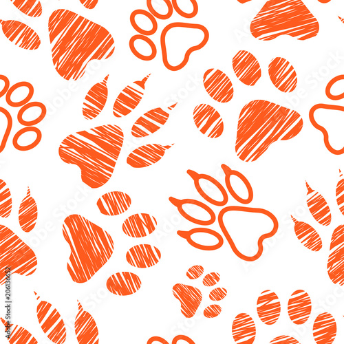 Seamless pattern with animal footprints, pet paw stamps on white background, hatched animal steps, trials and traces, vector illustration