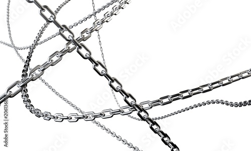 Shiny chains are intertwined on a white background. 3d render background. photo