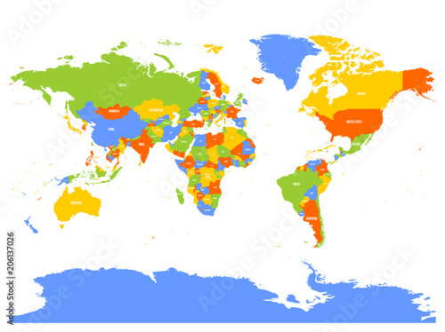 Horizontally flipped political map of World. Mirror reflection. Vector illustration.