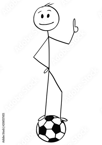 Cartoon stick man drawing conceptual illustration of smiling football or soccer player standing on ball and showing thumbs up.