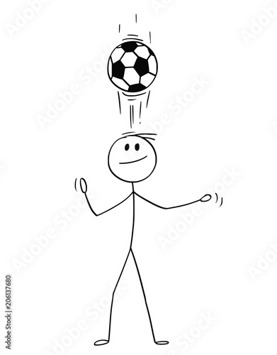 Cartoon stick man drawing conceptual illustration of football or soccer player using header technique or juggling the ball on his head for training.