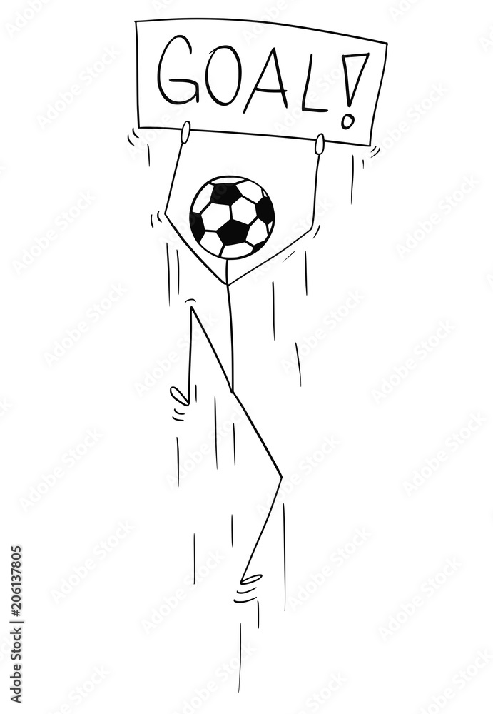 Cartoon Stick Man Drawing Conceptual Illustration Of Character With Football Or Soccer Ball As Head And Sign In Hands Jumping And Celebrating The Goal Sport Concept Of Success And Scoring Stock Vector Cartoon Stick Man Drawing Conceptual Illustration Of Character With Football Or Soccer Ball As Head And Sign In Hands Jumping And Celebrating The Goal Sport Concept Of Success And Scoring Stock Vector