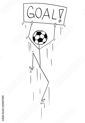 Cartoon Stick Man Drawing Conceptual Illustration Of Character With Football Or Soccer Ball As Head And Sign In Hands Jumping And Celebrating The Goal Sport Concept Of Success And Scoring Stock Vector