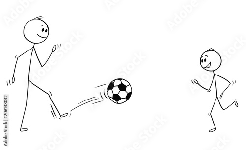 Cartoon stick man drawing conceptual illustration of father and son kicking, training or playing with football or soccer ball.