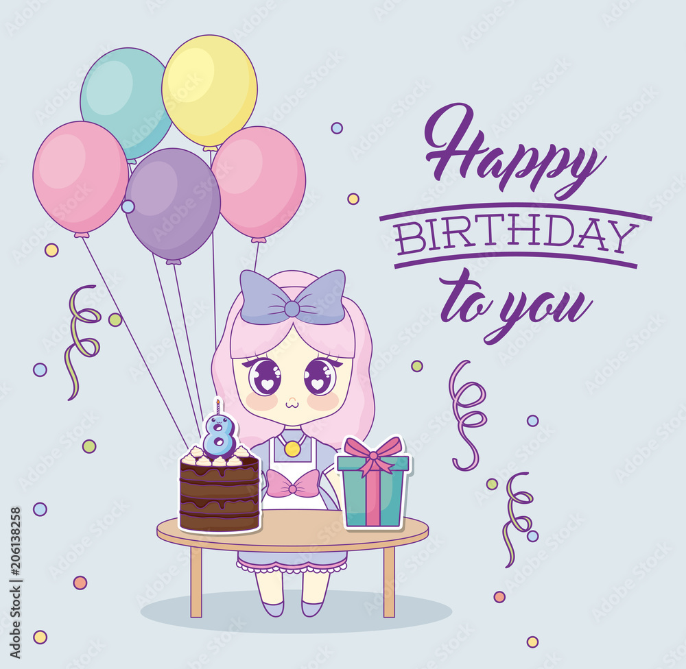 Happy Birthday Design With Kawaii Anime Girl With Table With Cakes And Gift Boxes Over Background Colorful Design Vector Illustration Stock Vector Adobe Stock