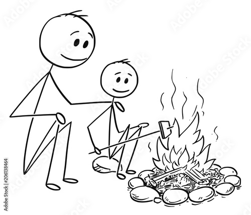 Cartoon stick man drawing conceptual illustration of father and son sitting around fire or campfire.