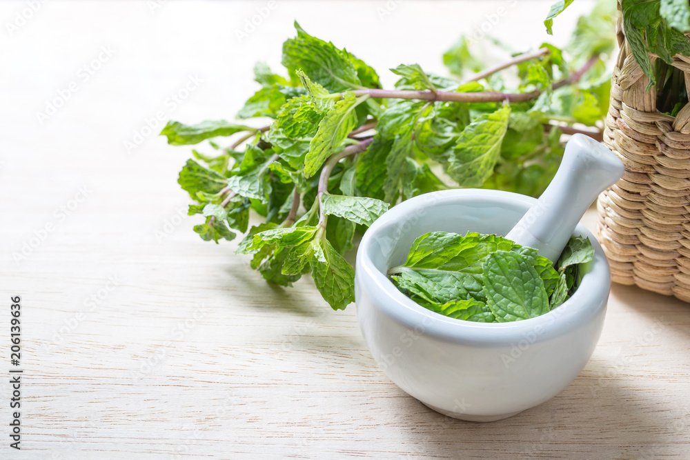 Fresh mint in mortar on  table, concept health