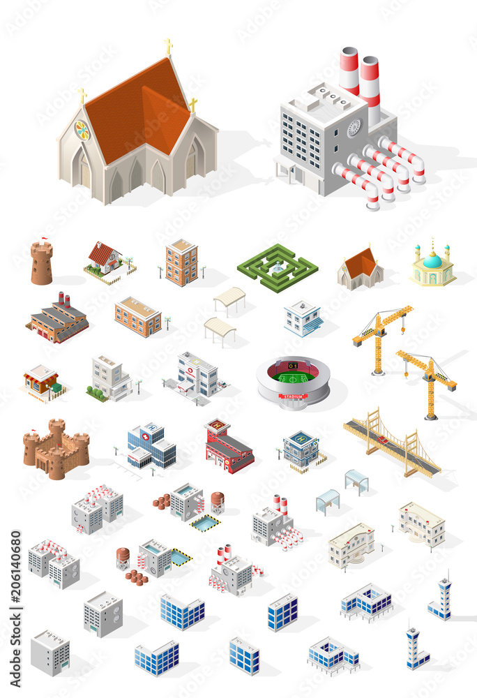 Set of Realistic Isometric High Quality City Element for Map on White Background . Buildings Set of Realistic Isometric High Quality City Element for Map on White Background . Buildings
