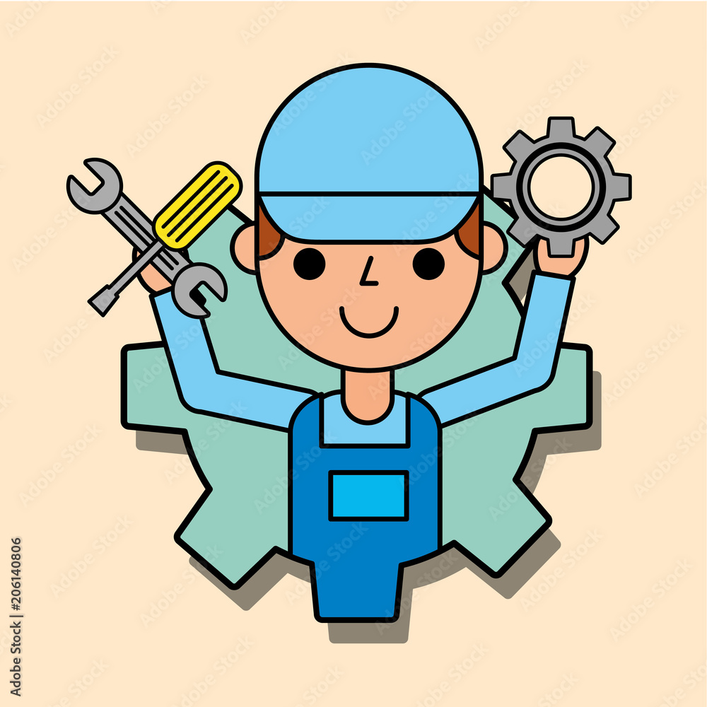 worker holding gear and wrench car service maintenance vector illustration worker holding gear and wrench car service maintenance vector illustration
